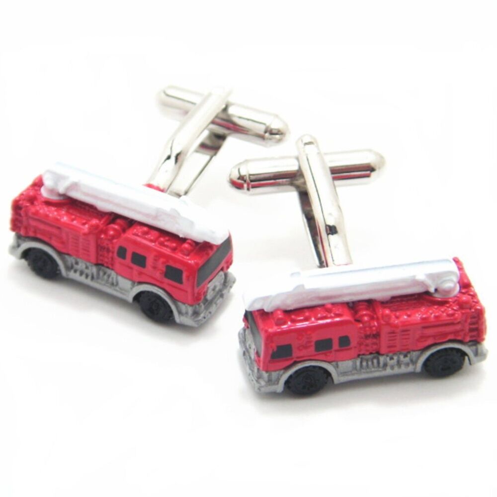 New 3D Red Fire Truck Engine Cufflinks Silver Firefighter Gift Box Presentation